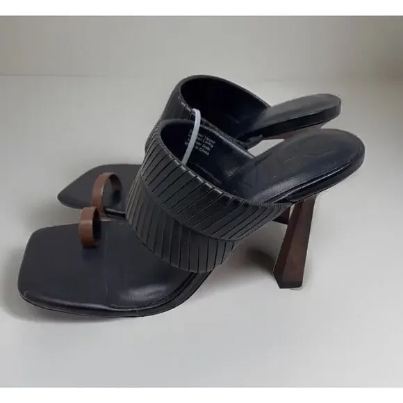 Deltan Kelsea Sandals Womens 8.5 Black Leather Square Toe Heeled Dress - Picture 13 of 16